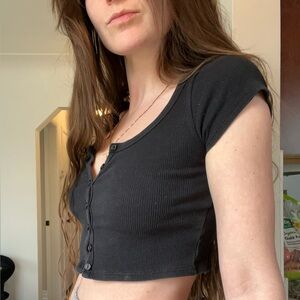 American Apparel Black Baby Rib Short Sleeve Button Up Crop Top